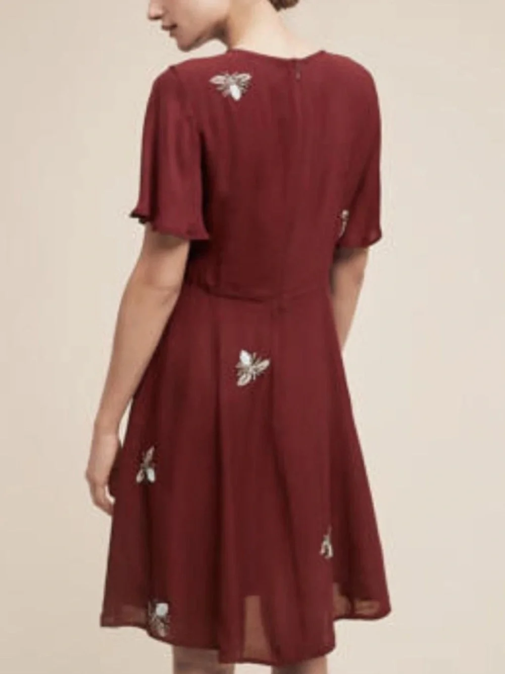Moulinette Soeurs Anthropologie Embroidered Bee Silk Blend Dress Burgundy Size 2